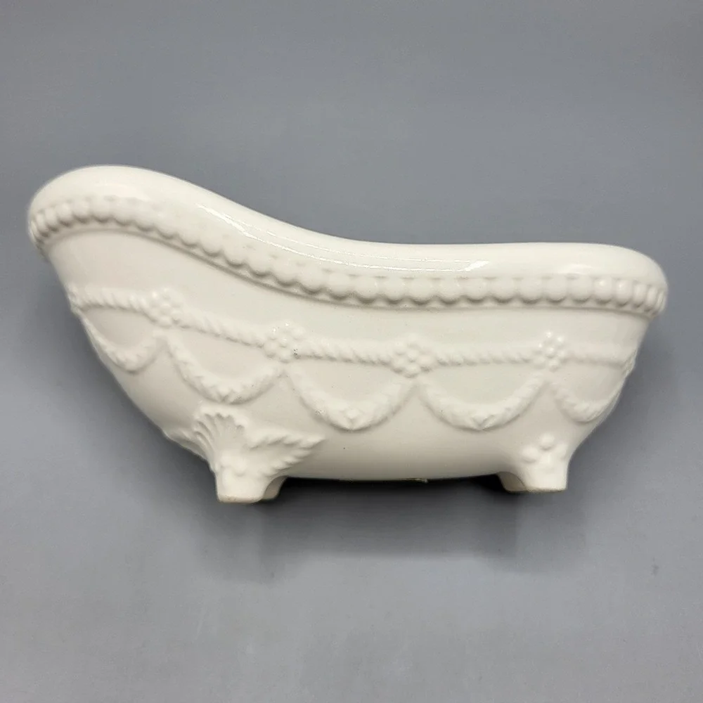 Vintage CCP NY Miniature Bathtub Soap Dish White Ceramic Embossed Made in Japan